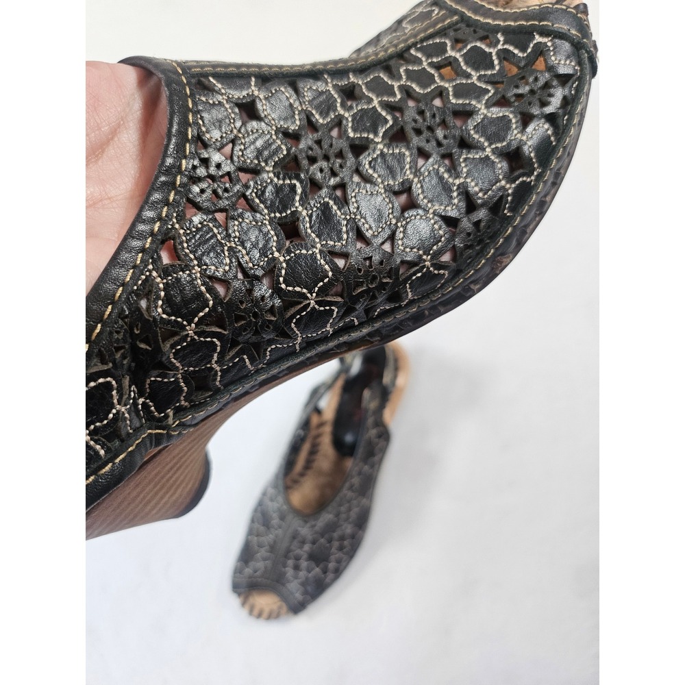 Pikolinos Black Leather Laser Cut Floral Wedge Sandals Peep Toe Boho size 38 - Picture 15 of 16